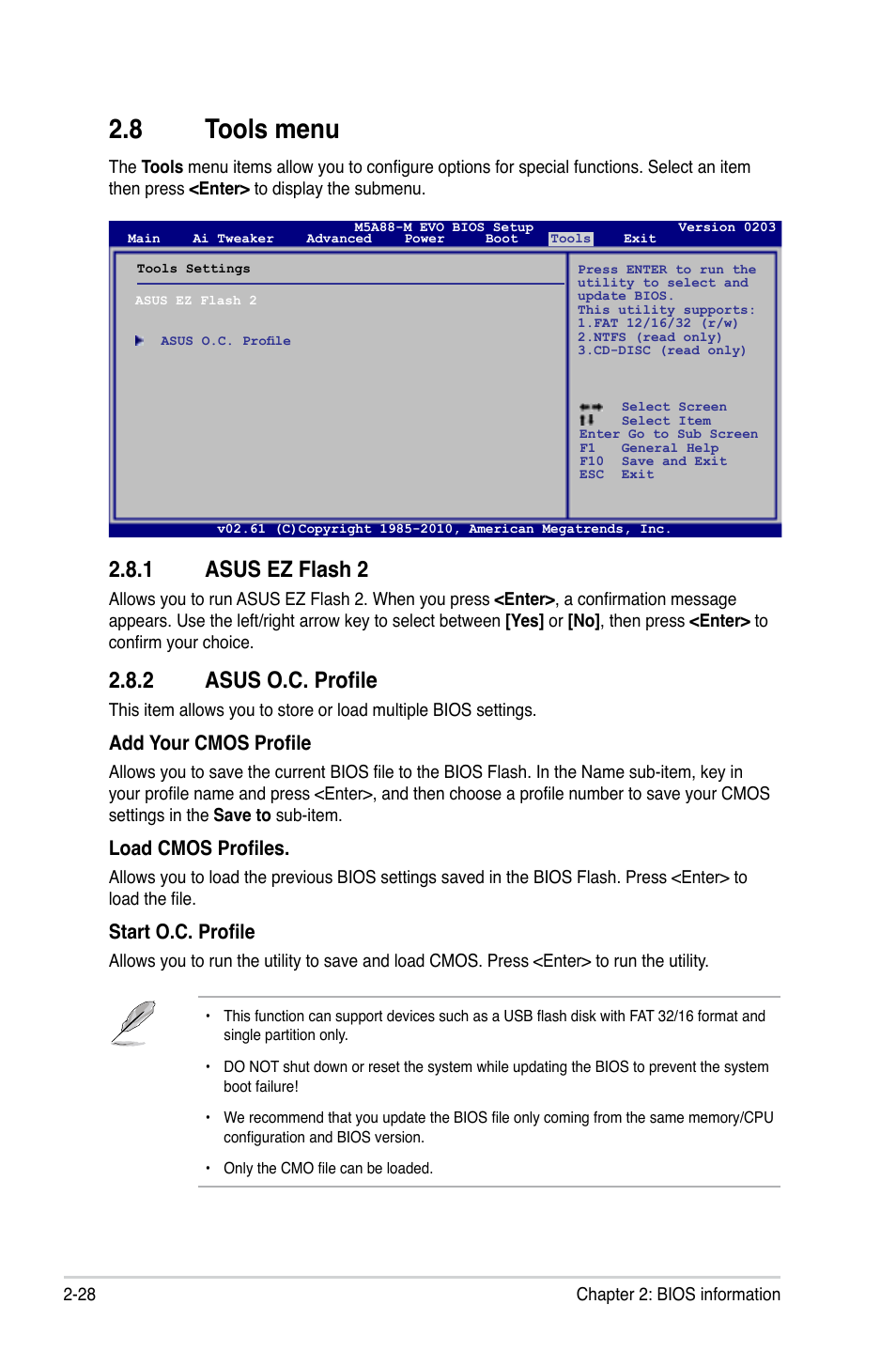 8 tools menu, 2 asus o.c. profile, 1 asus ez flash 2 | Add your cmos profile, Load cmos profiles, Start o.c. profile | Asus M5A88-M EVO User Manual | Page 76 / 80