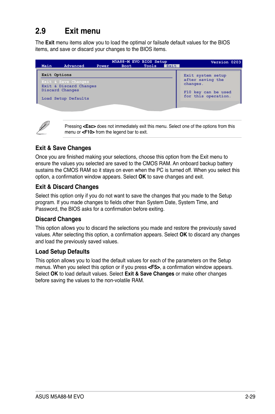 9 exit menu, Exit & save changes, Exit & discard changes | Discard changes, Load setup defaults | Asus M5A88-M EVO User Manual | Page 77 / 80