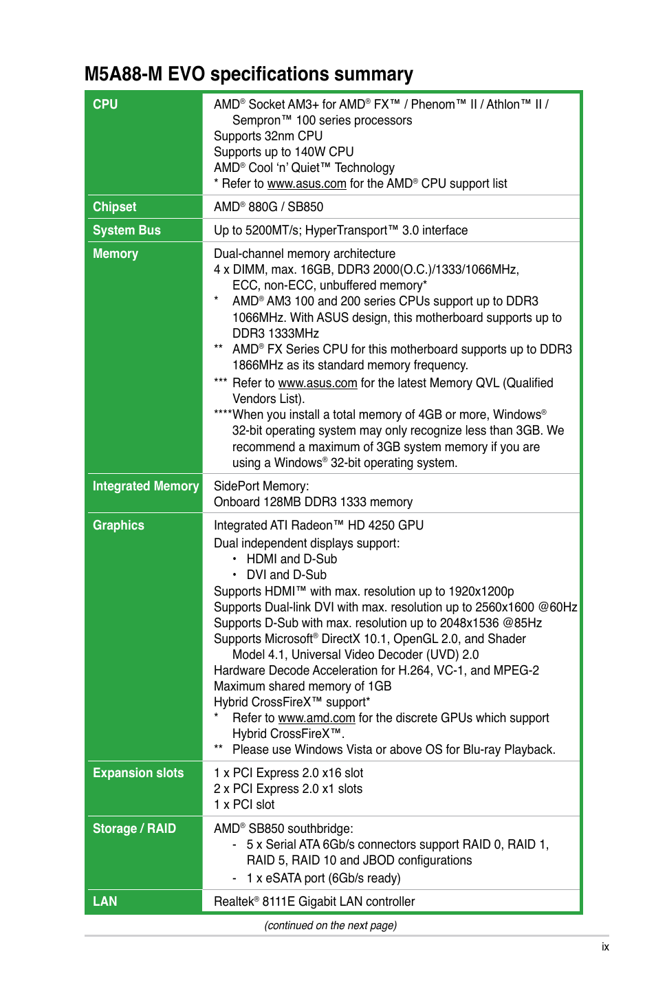 M5a88-m evo specifications summary | Asus M5A88-M EVO User Manual | Page 9 / 80