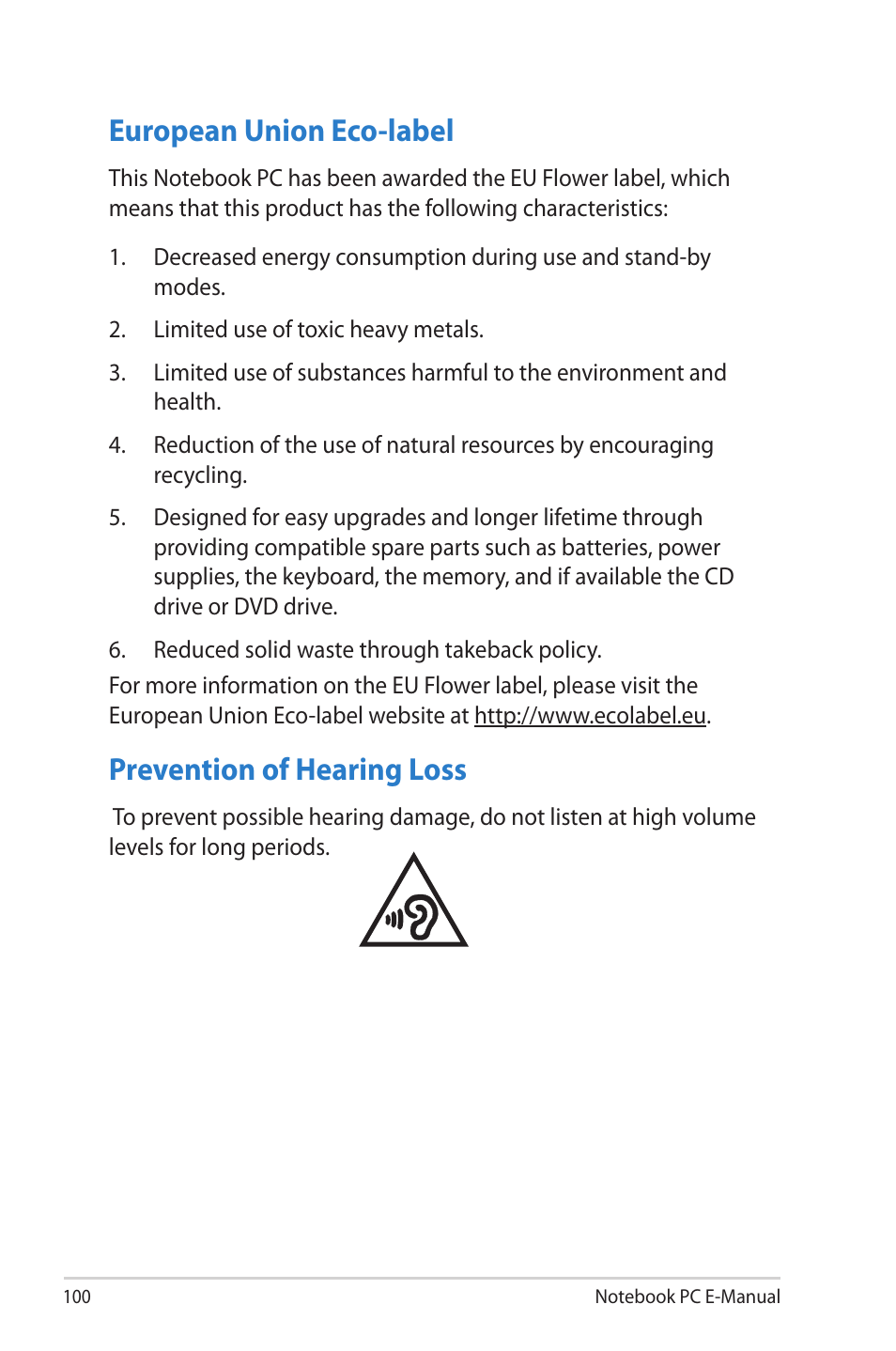 European union eco-label, Prevention of hearing loss | Asus V500CA User Manual | Page 100 / 102