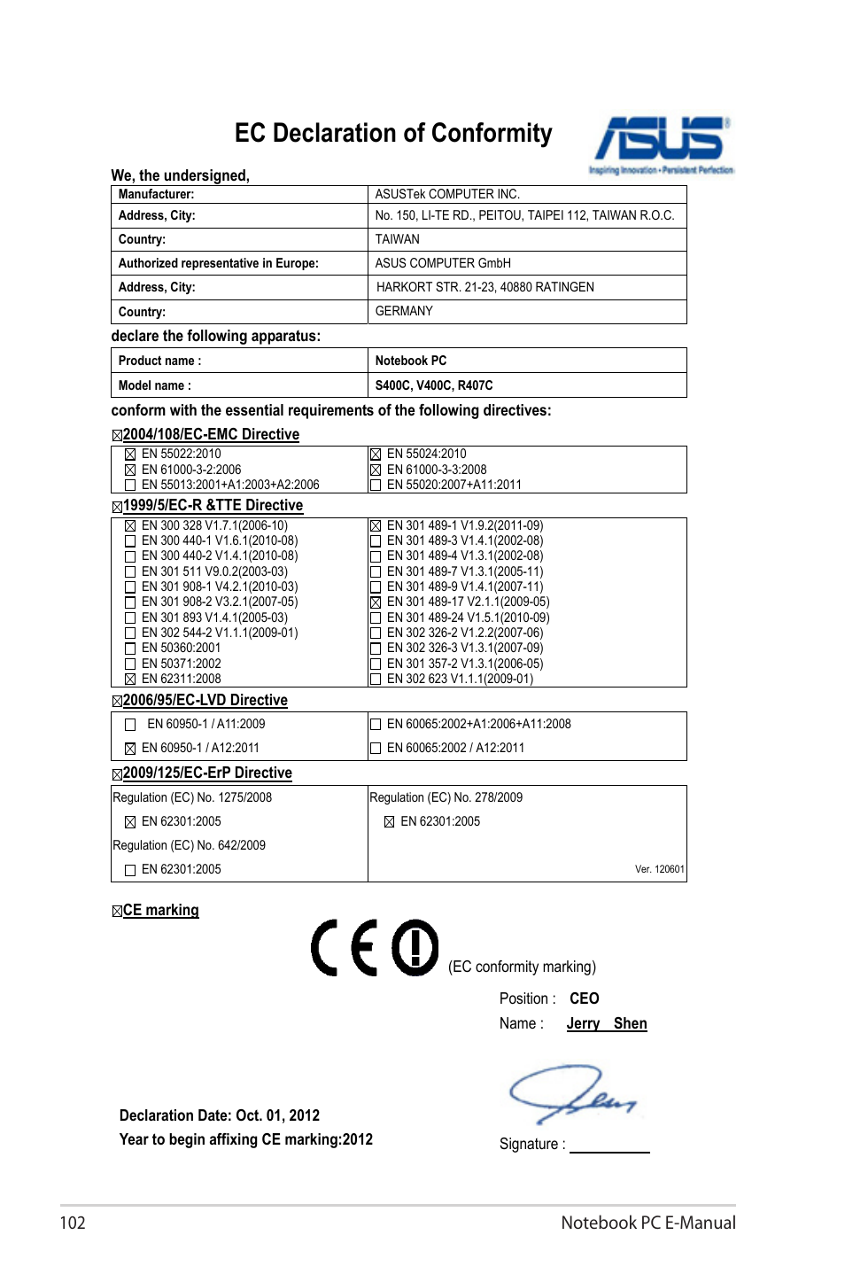 Ec declaration of conformity | Asus V500CA User Manual | Page 102 / 102