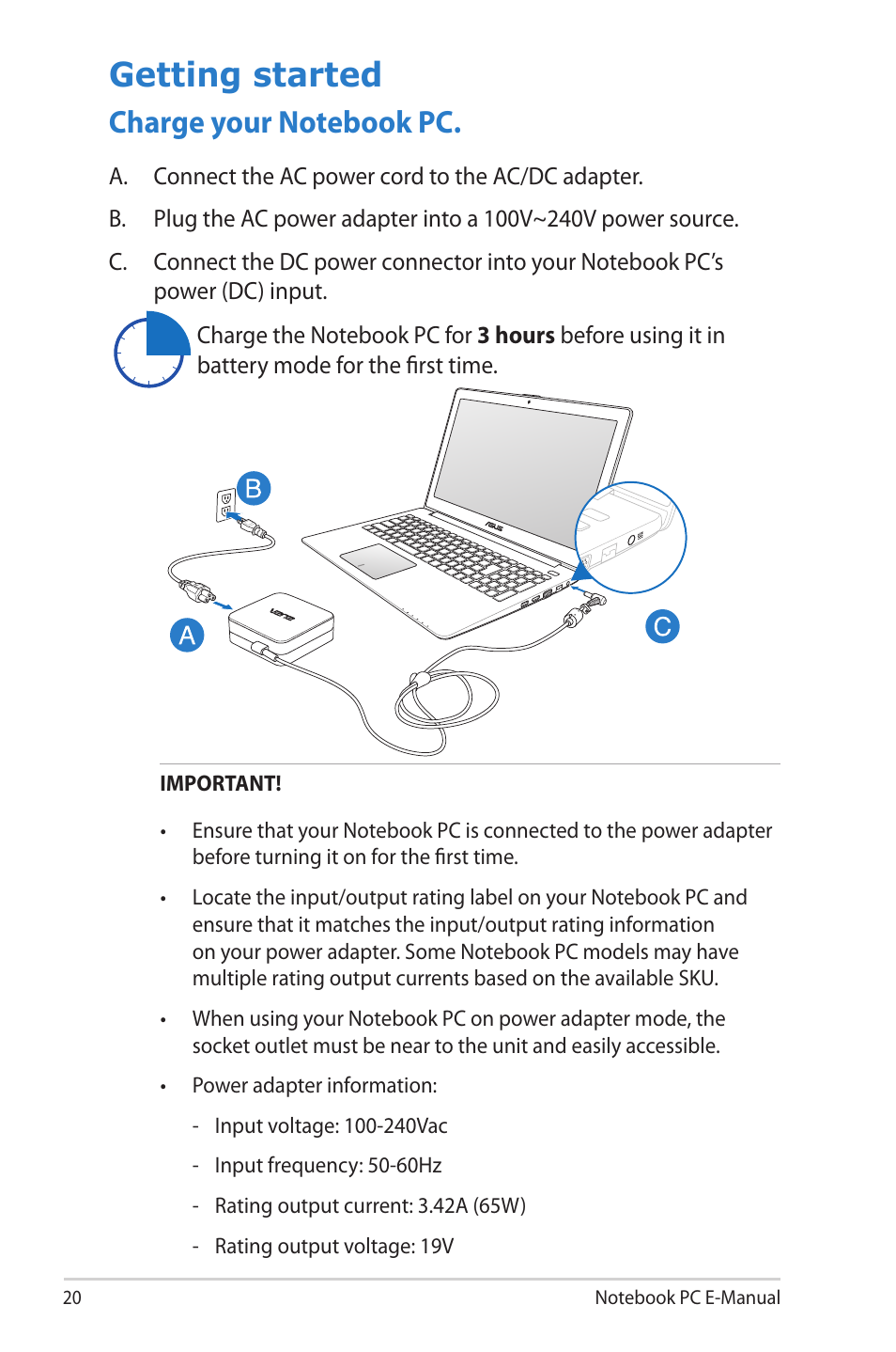 Getting started, Charge your notebook pc | Asus V500CA User Manual | Page 20 / 102