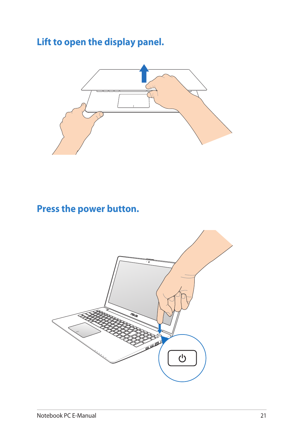 Lift to open the display panel, Press the power button | Asus V500CA User Manual | Page 21 / 102