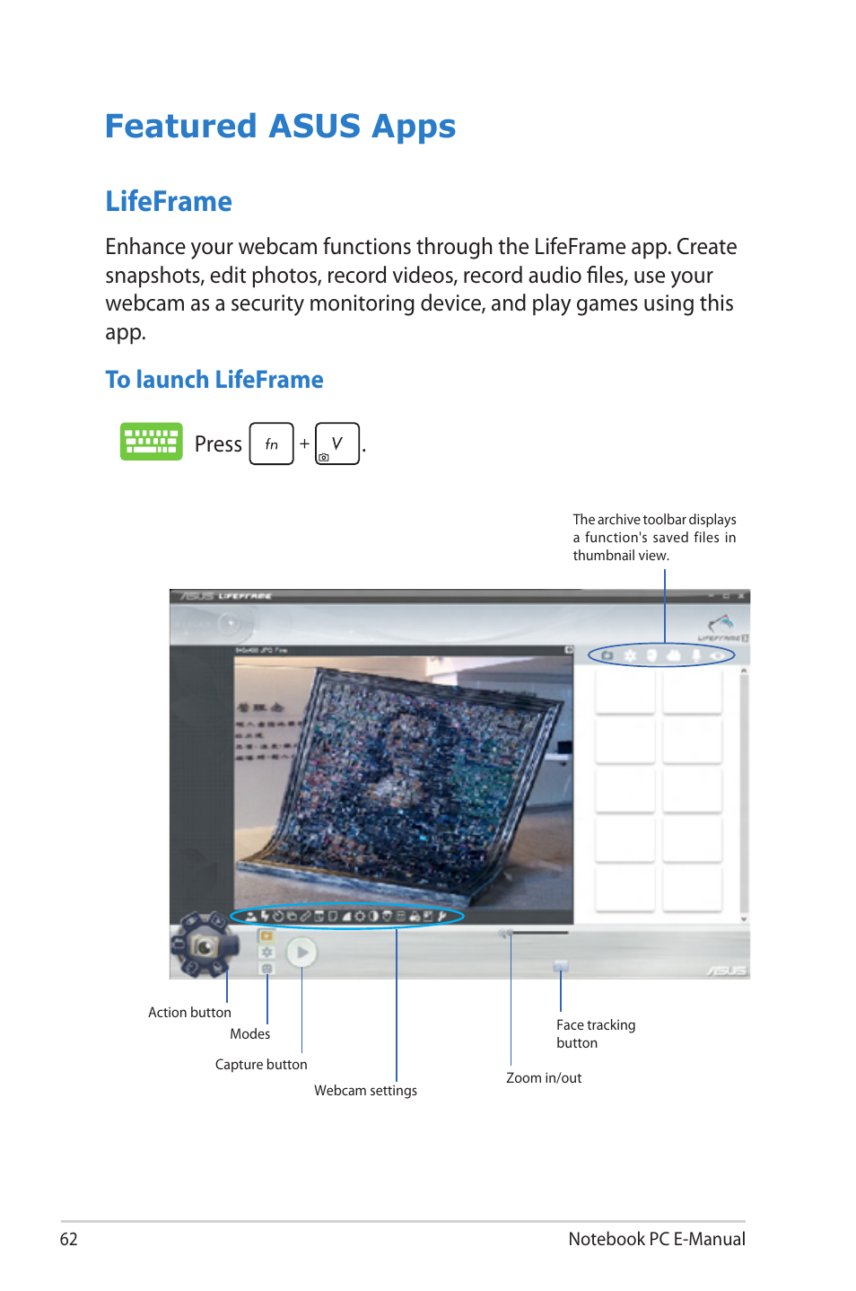 Featured asus apps, Lifeframe, Press | Asus V500CA User Manual | Page 62 / 102