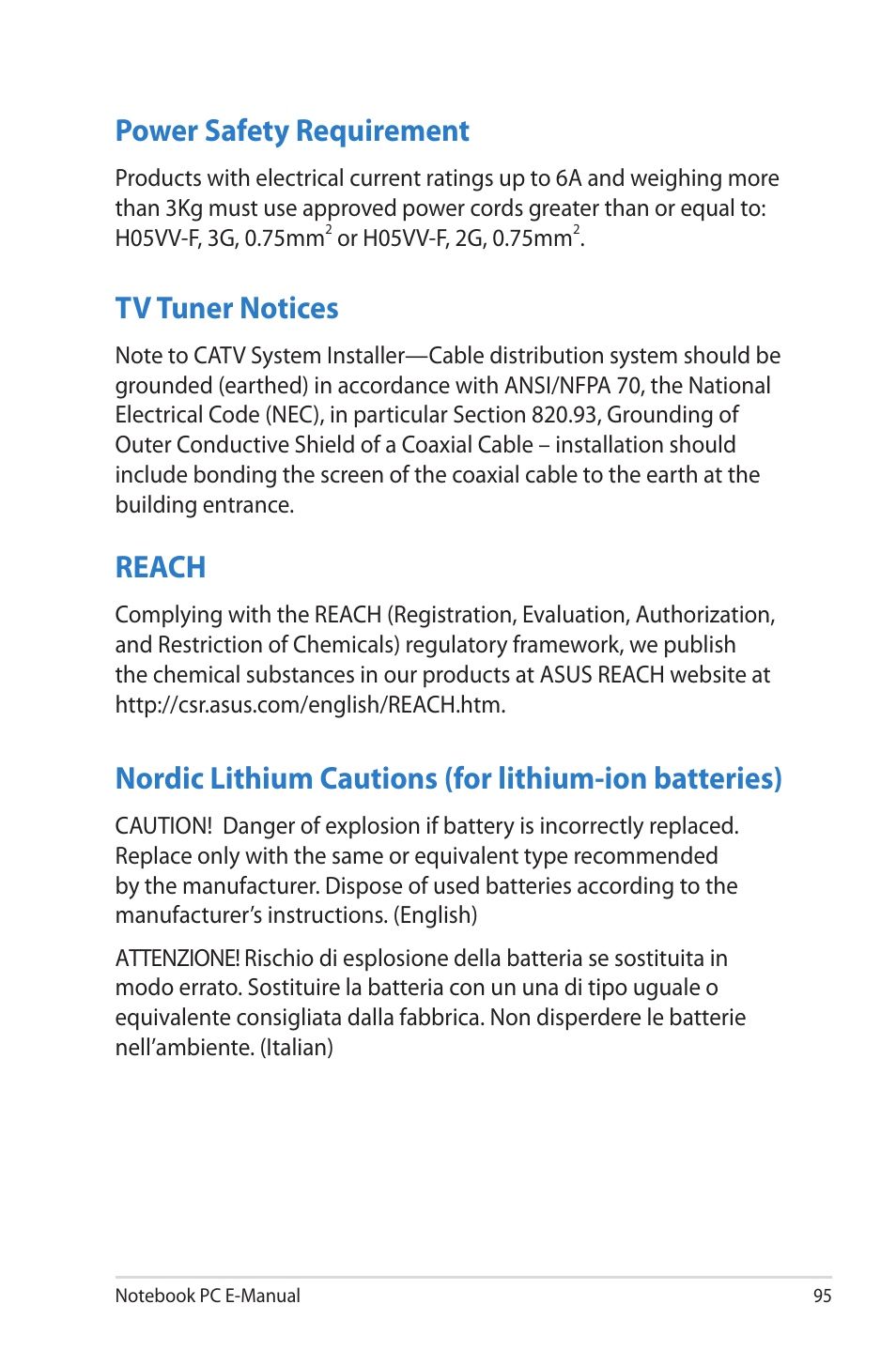 Power safety requirement, Tv tuner notices, Reach | Asus V500CA User Manual | Page 95 / 102