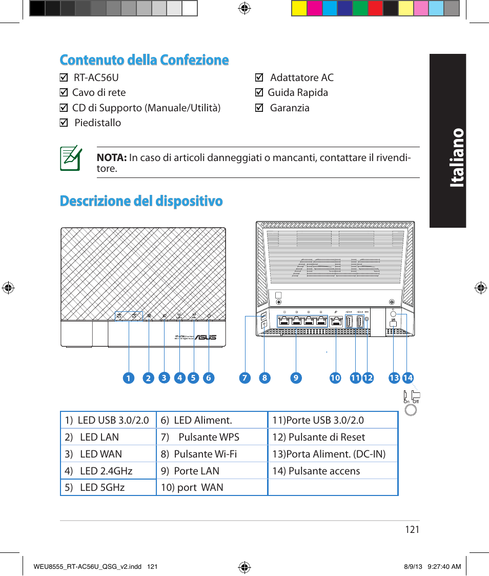 Italiano, Contenuto della confezione, Descrizione del dispositivo | Asus RT-AC56U User Manual | Page 121 / 182