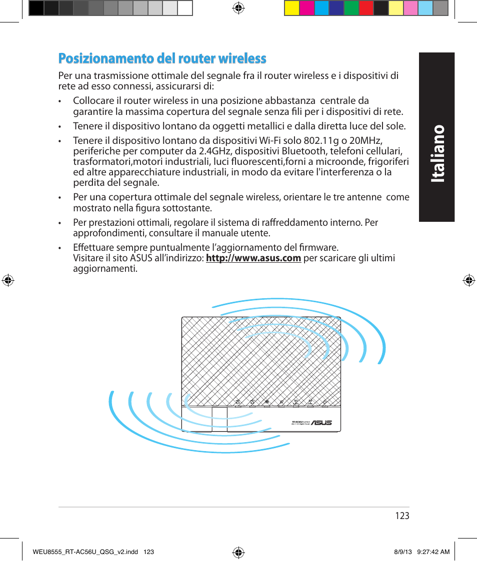 Italiano, Posizionamento del router wireless | Asus RT-AC56U User Manual | Page 123 / 182