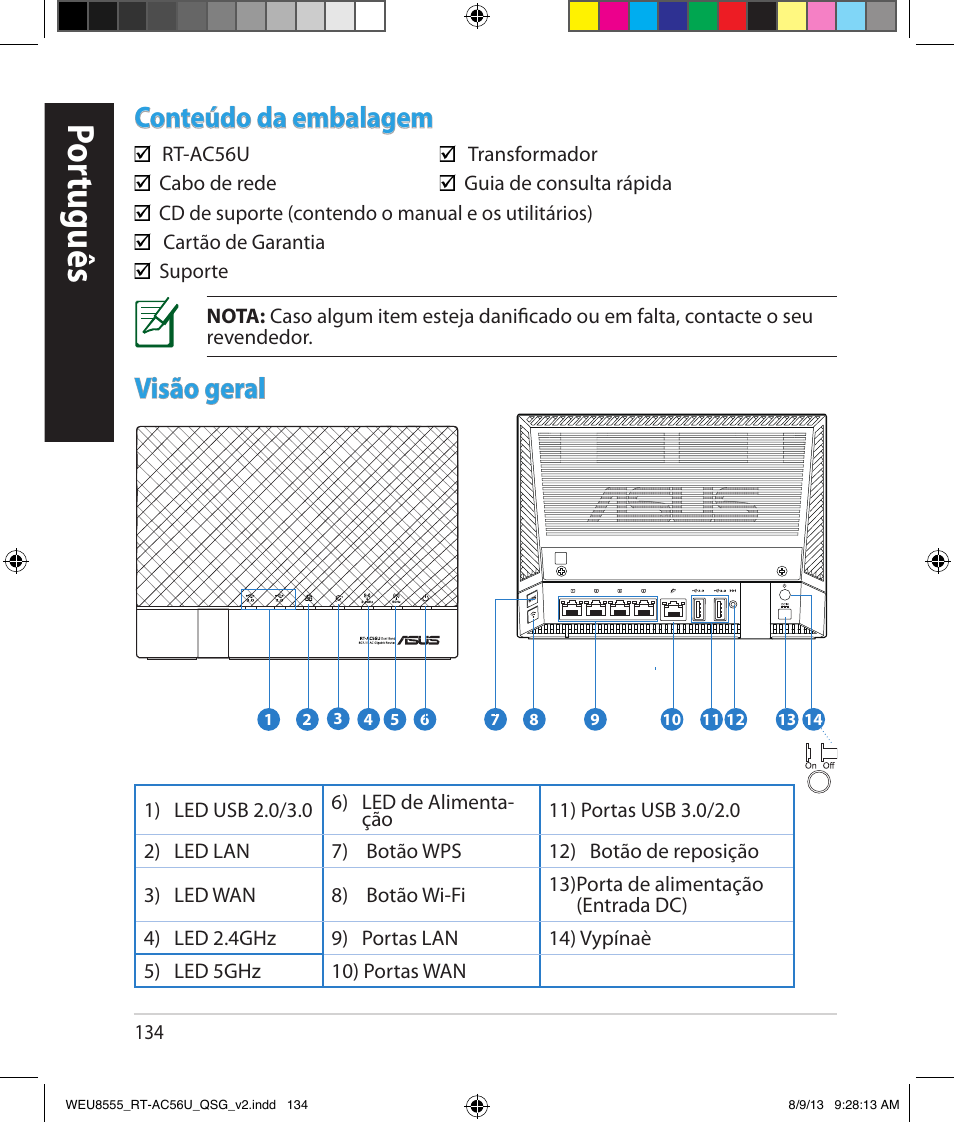 Por tuguês, Conteúdo da embalagem, Visão geral | Asus RT-AC56U User Manual | Page 134 / 182