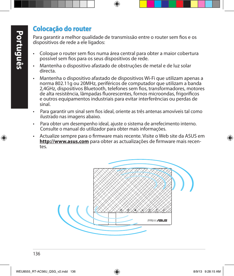 Por tuguês, Colocação do router | Asus RT-AC56U User Manual | Page 136 / 182