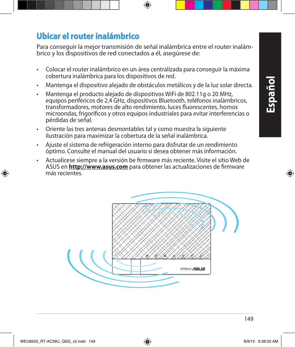 Español, Ubicar el router inalámbrico | Asus RT-AC56U User Manual | Page 149 / 182