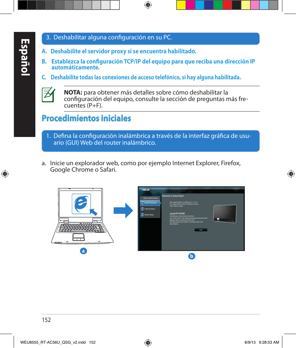 Español, Procedimientos iniciales | Asus RT-AC56U User Manual | Page 152 / 182