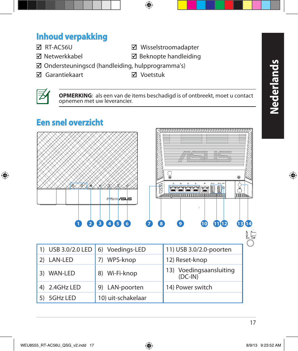 Neder lands, Inhoud verpakking, Een snel overzicht | Asus RT-AC56U User Manual | Page 17 / 182