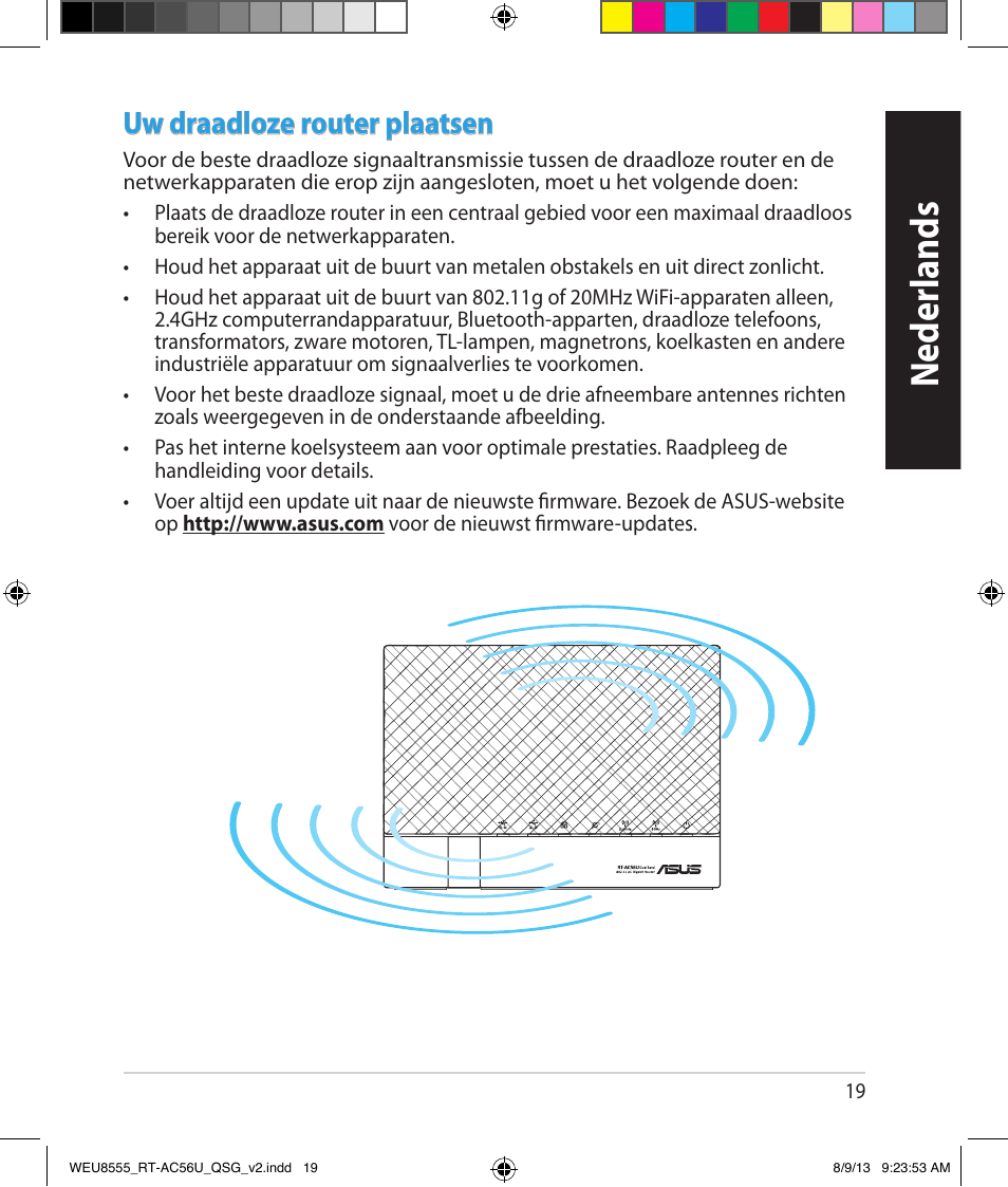 Neder lands, Uw draadloze router plaatsen | Asus RT-AC56U User Manual | Page 19 / 182