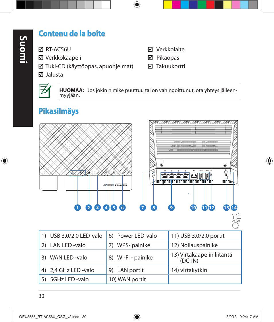 Suomi, Contenu de la boîte, Pikasilmäys | Asus RT-AC56U User Manual | Page 30 / 182