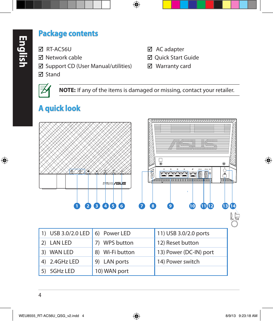 English, Package contents, A quick look | Asus RT-AC56U User Manual | Page 4 / 182