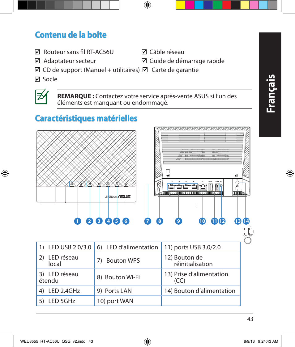 Fr anç ais, Contenu de la boîte, Caractéristiques matérielles | Asus RT-AC56U User Manual | Page 43 / 182