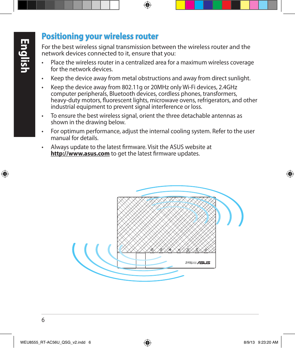 English, Positioning your wireless router | Asus RT-AC56U User Manual | Page 6 / 182