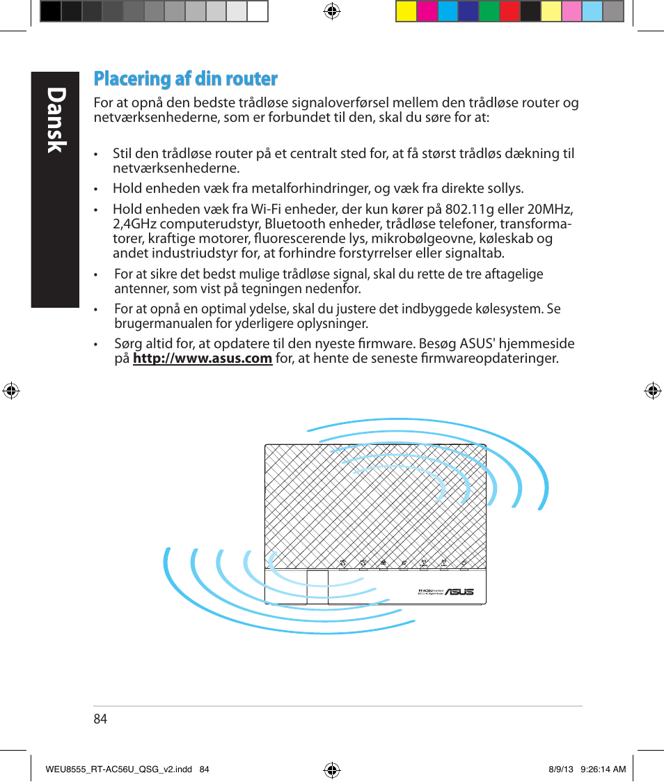 Dansk, Placering af din router | Asus RT-AC56U User Manual | Page 84 / 182