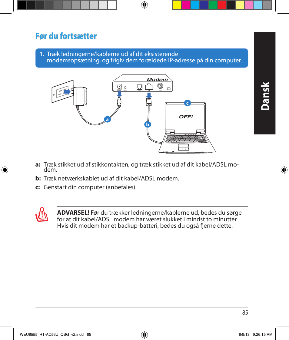 Dansk, Før du fortsætter | Asus RT-AC56U User Manual | Page 85 / 182