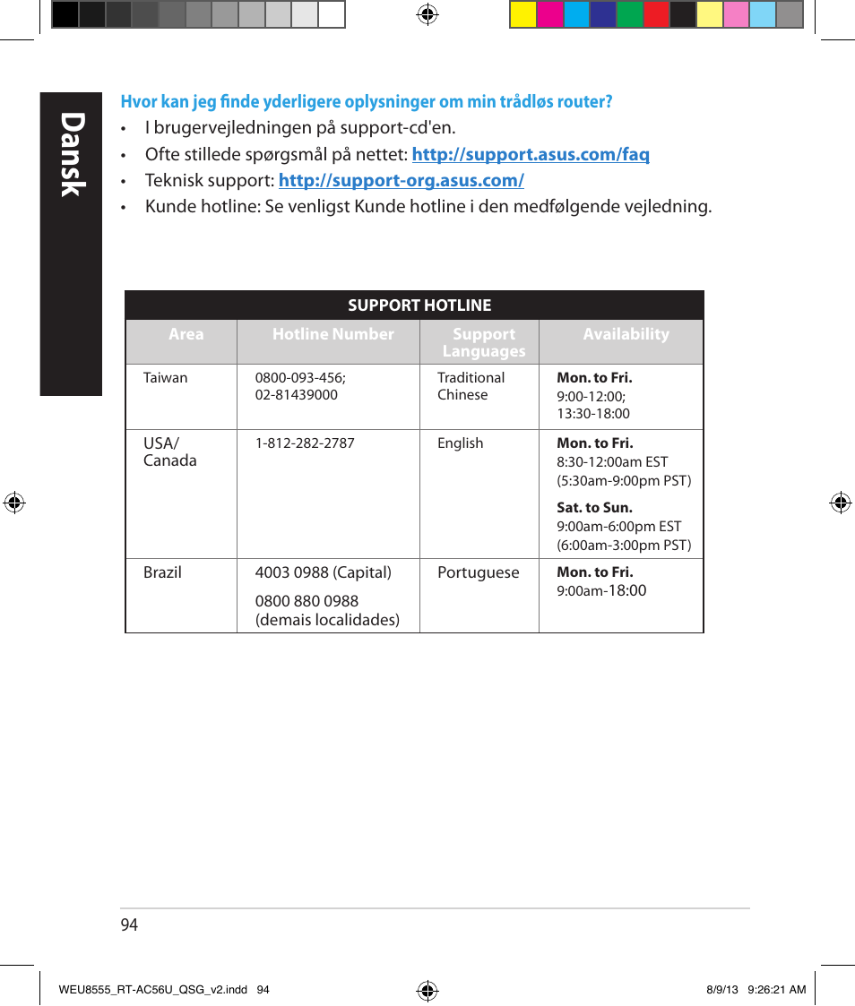 Dansk | Asus RT-AC56U User Manual | Page 94 / 182