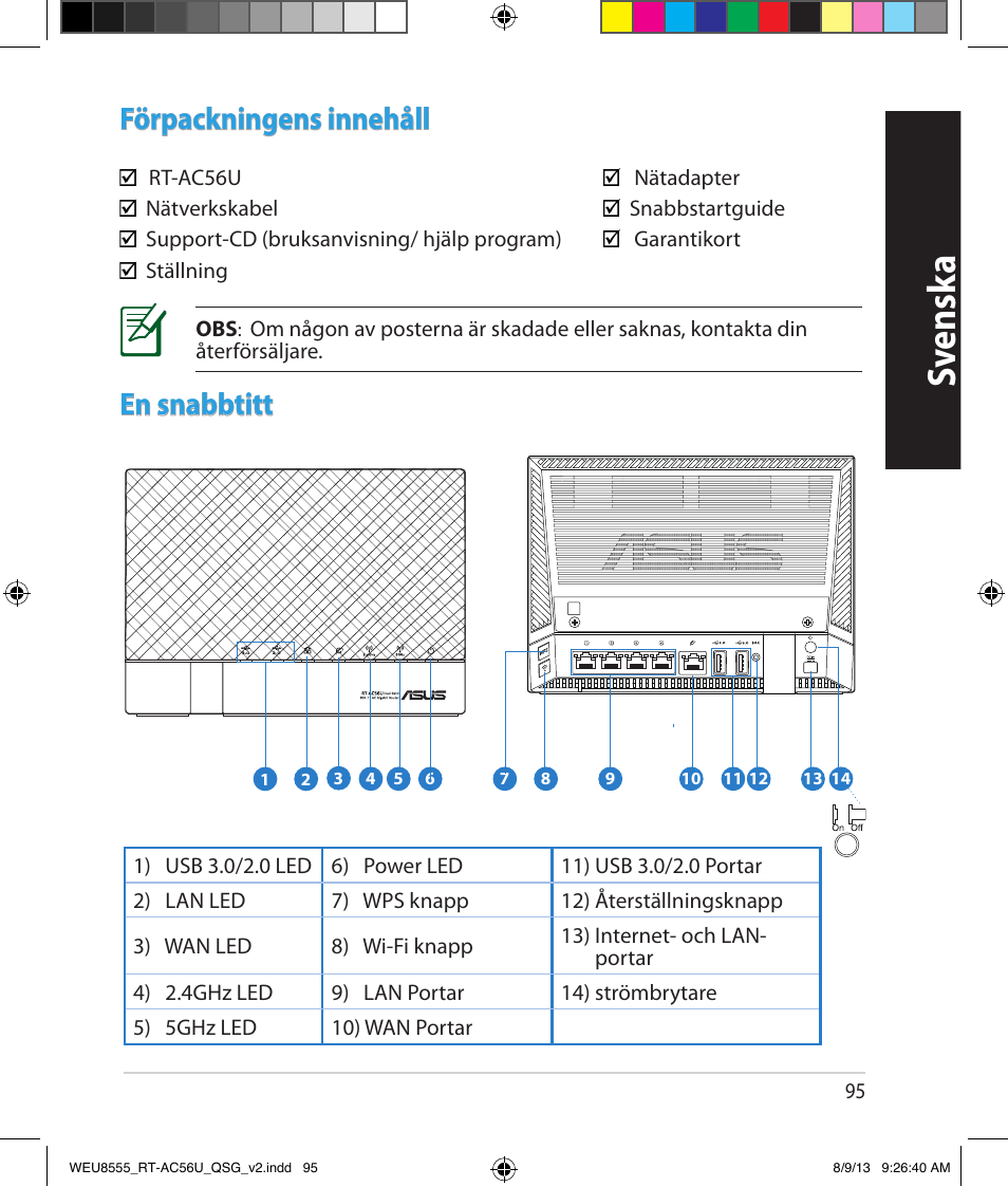 Sv ensk a, Förpackningens innehåll, En snabbtitt | Asus RT-AC56U User Manual | Page 95 / 182