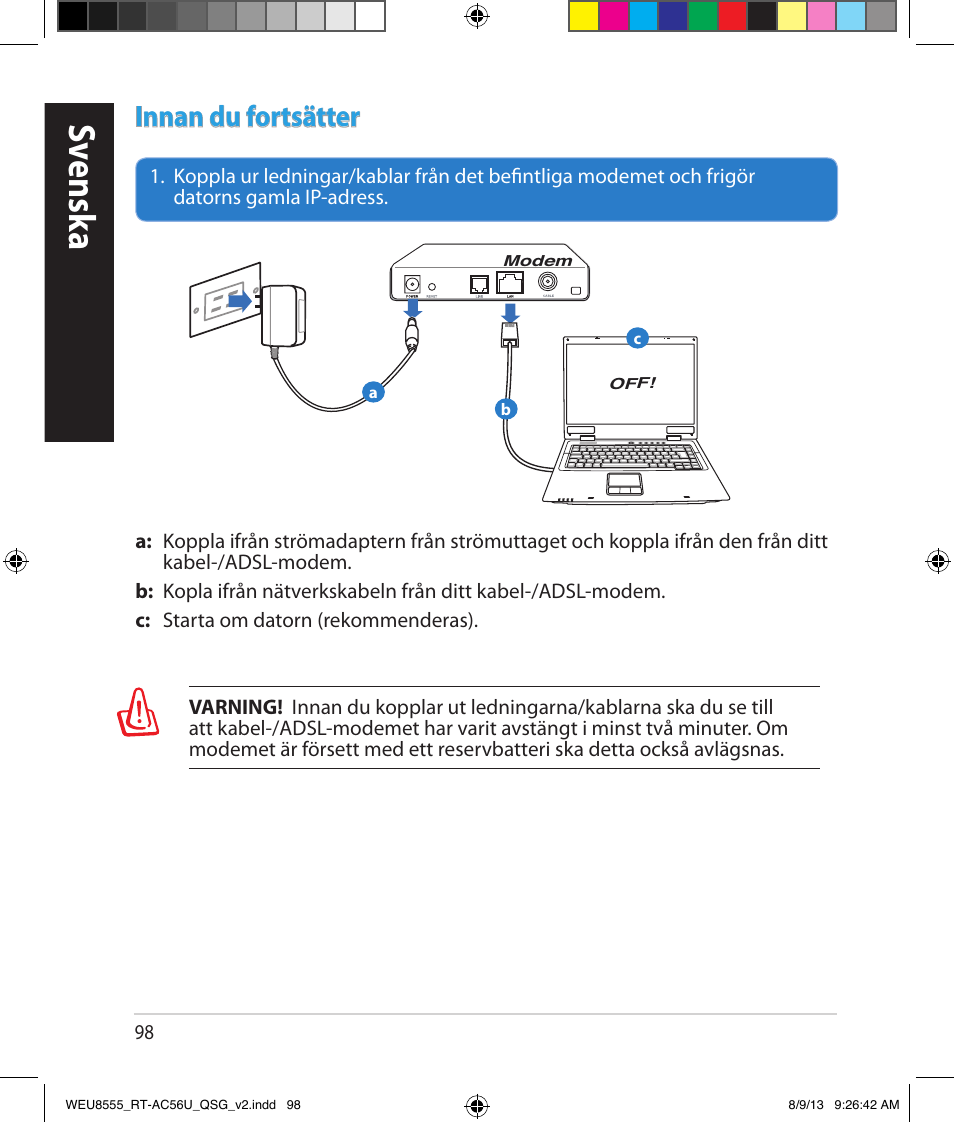 Sv ensk a, Innan du fortsätter | Asus RT-AC56U User Manual | Page 98 / 182