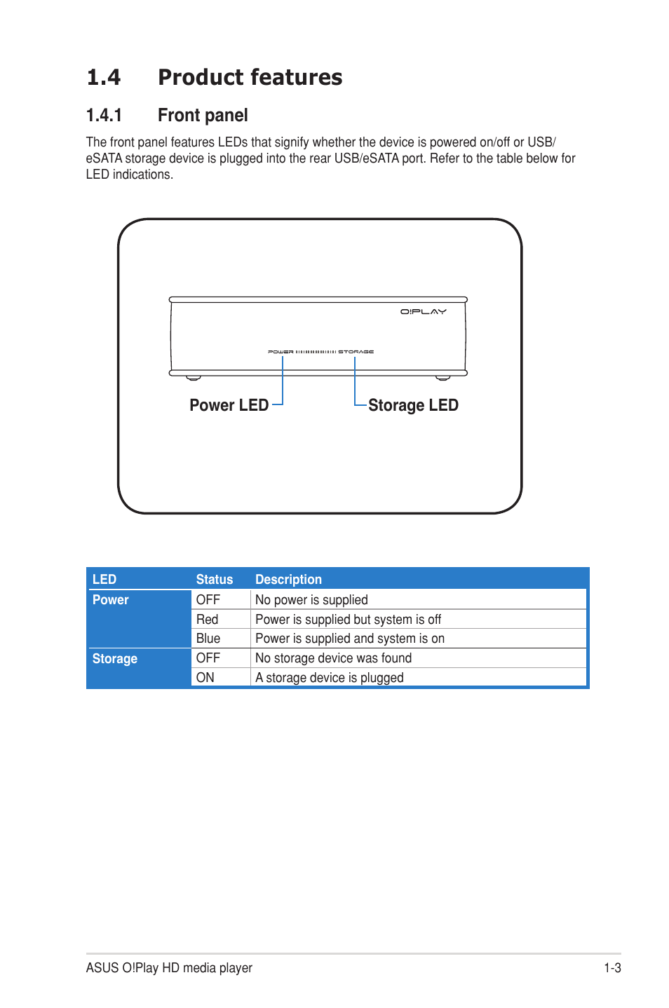 4 product features, 1 front panel, Product features -3 1.4.1 | Front panel -3 | Asus O!Play HDP-R1 User Manual | Page 11 / 38