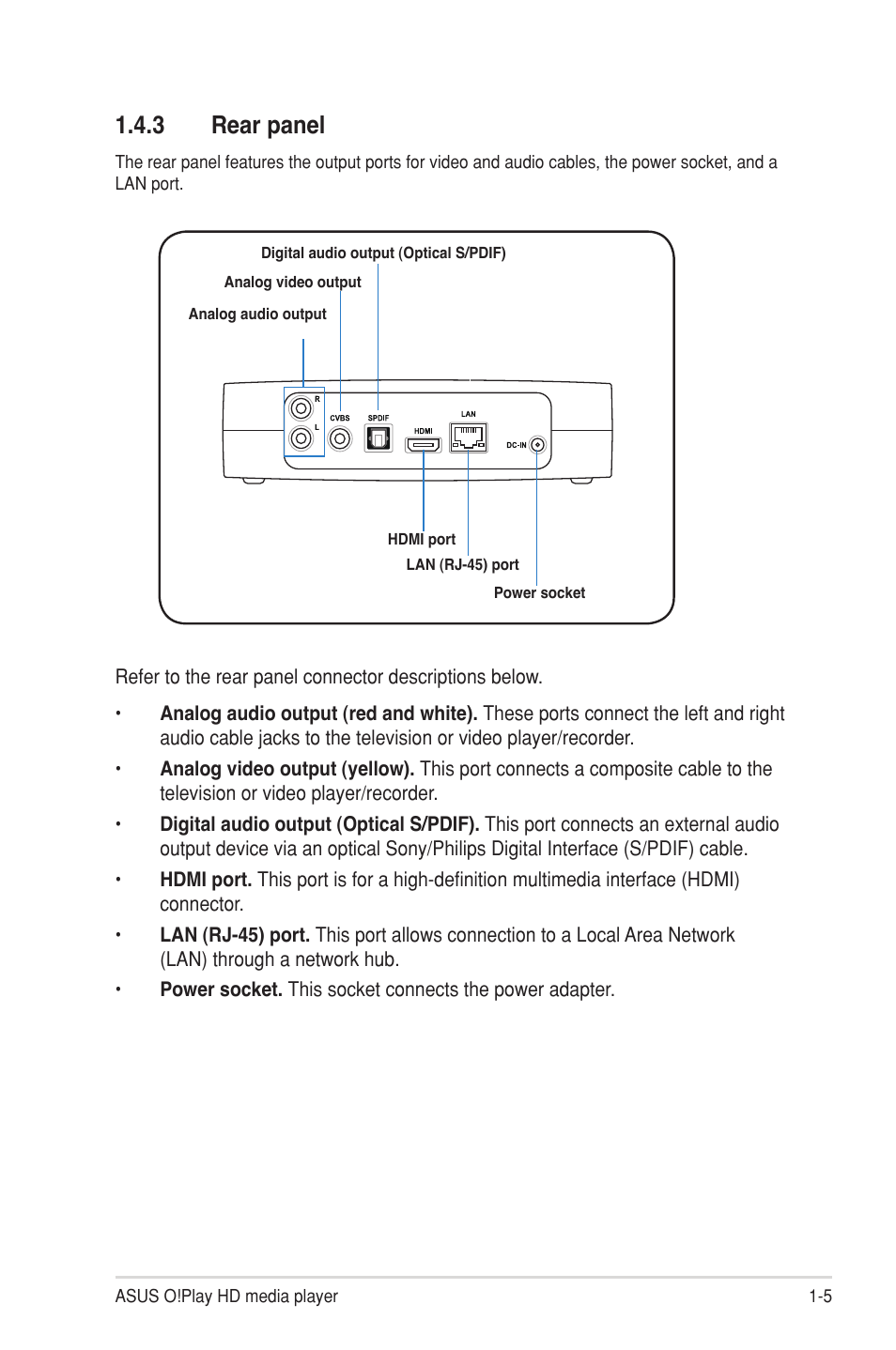 3 rear panel, Rear panel -5 | Asus O!Play HDP-R1 User Manual | Page 13 / 38