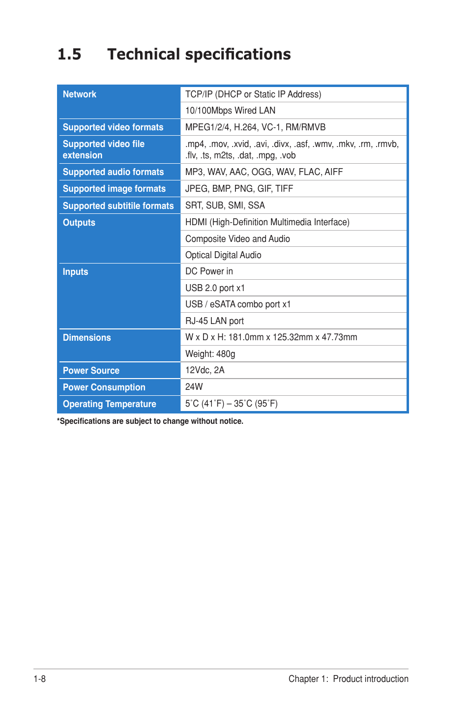 5 technical specifications, Technical specifications -8 | Asus O!Play HDP-R1 User Manual | Page 16 / 38