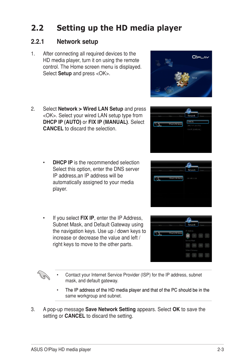 2 setting up the hd media player, 1 network setup, Setting up the hd media player -3 2.2.1 | Network setup -3 | Asus O!Play HDP-R1 User Manual | Page 19 / 38