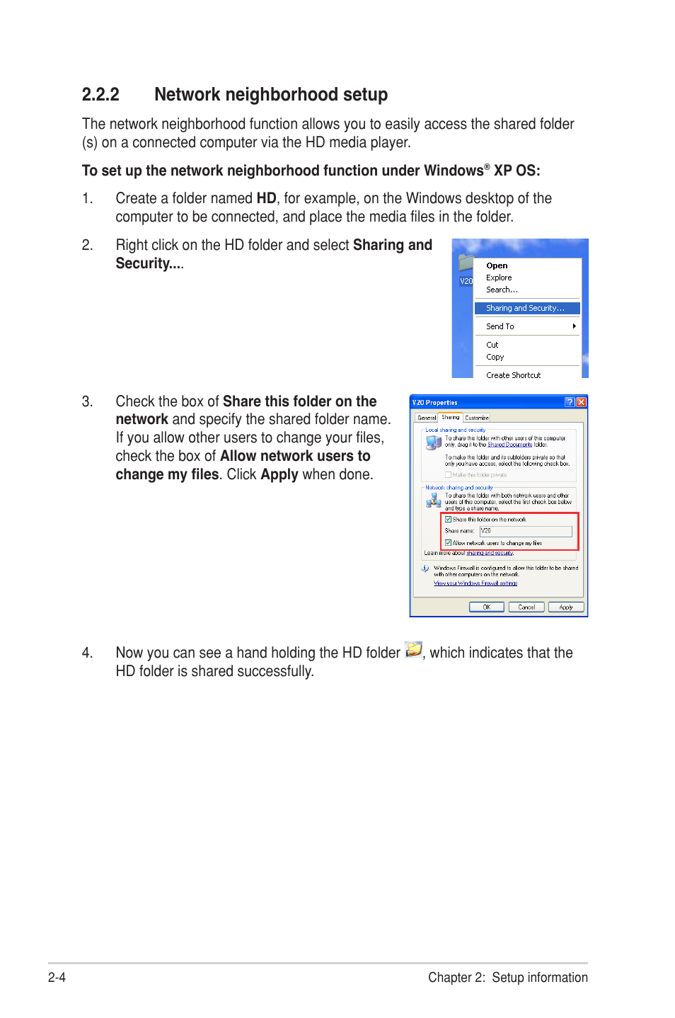 2 network neighborhood setup, Network neighborhood setup -4 | Asus O!Play HDP-R1 User Manual | Page 20 / 38
