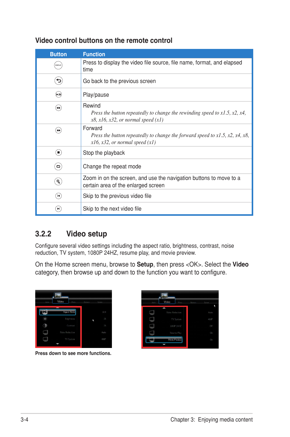 2 video setup, Video setup -4, Video control buttons on the remote control | Go back to the previous screen, Play/pause, Stop the playback, Change the repeat mode, Skip to the previous video file, Skip to the next video file | Asus O!Play HDP-R1 User Manual | Page 26 / 38