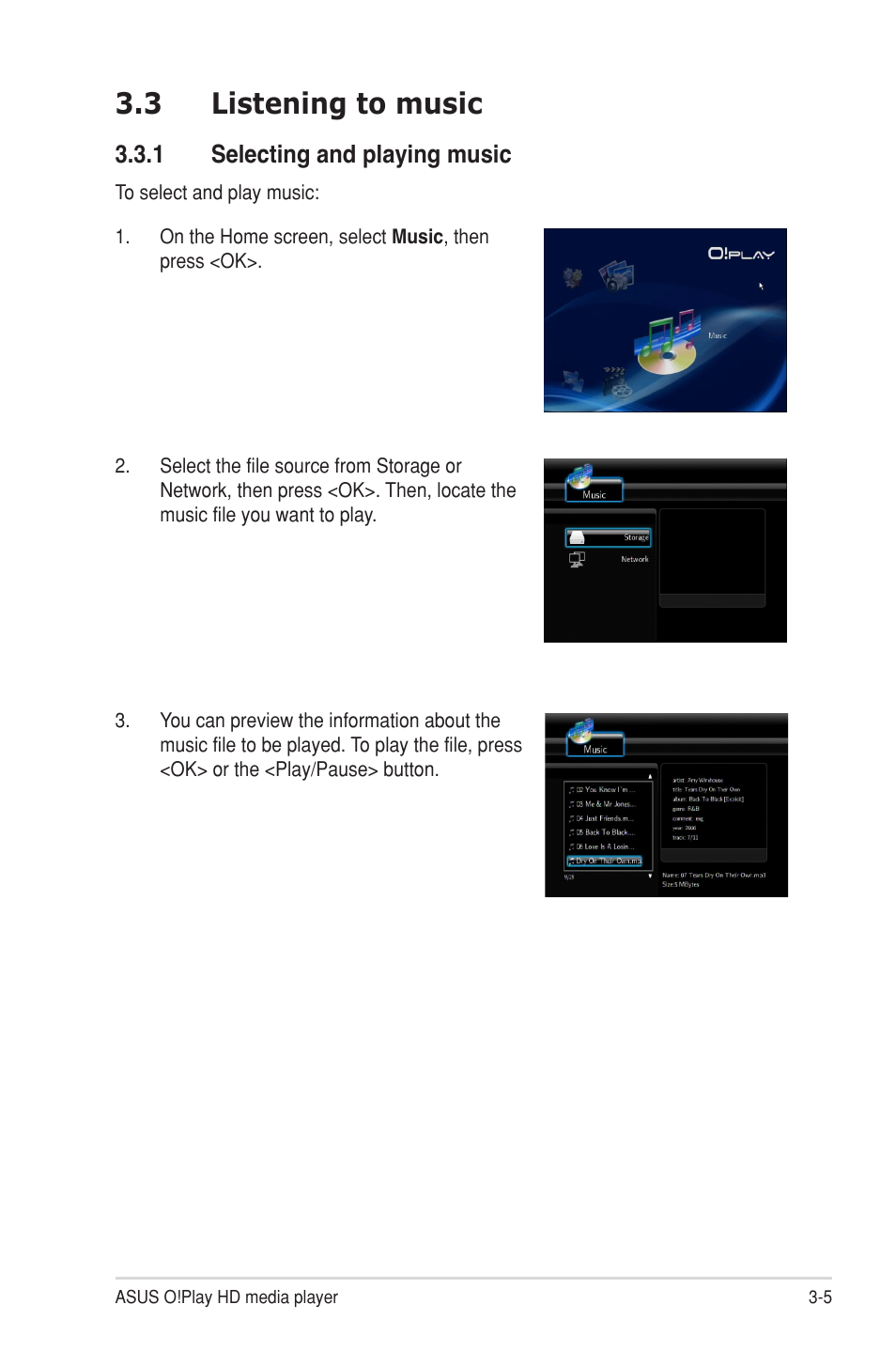 3 listening to music, 1 selecting and playing music, Listening to music -5 3.3.1 | Selecting and playing music -5 | Asus O!Play HDP-R1 User Manual | Page 27 / 38