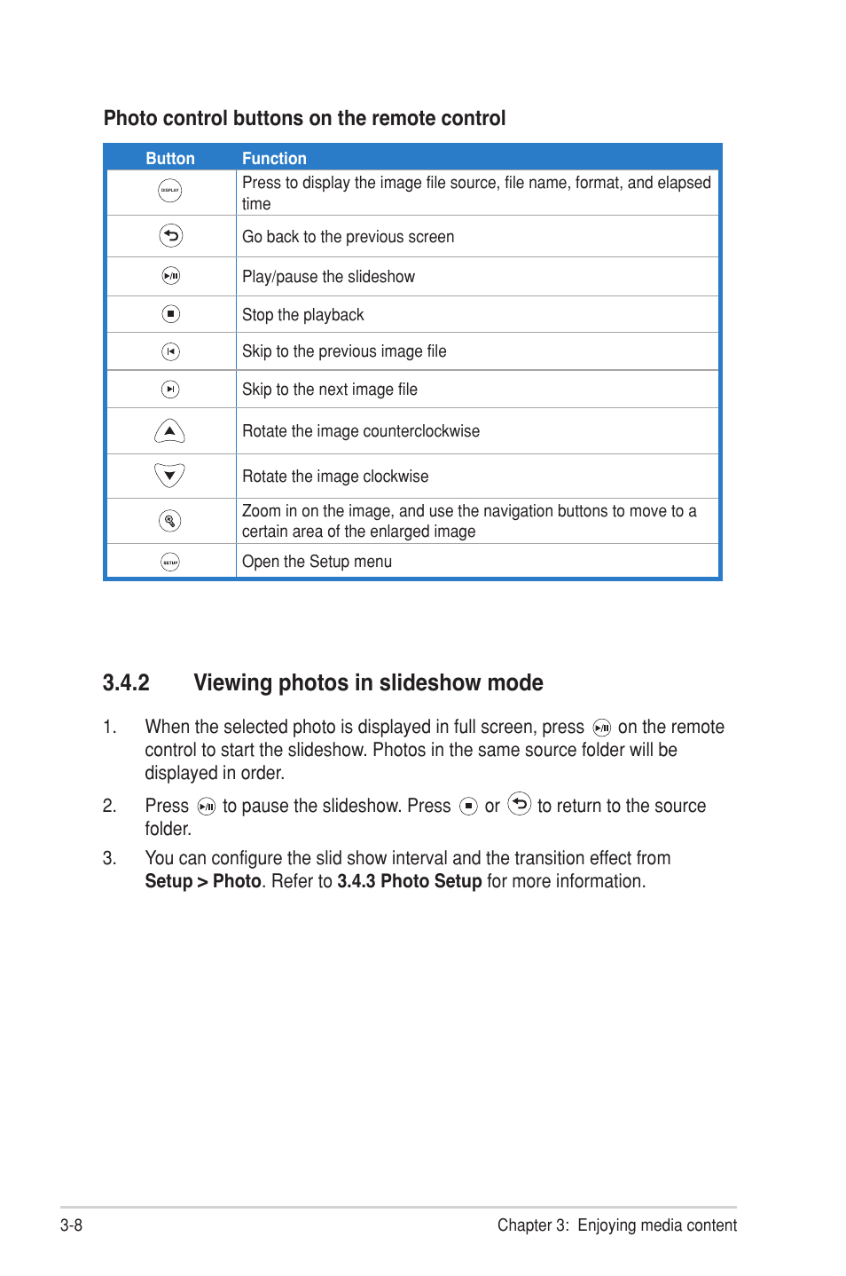 2 viewing photos in slideshow mode, Viewing photos in slideshow mode -8, Photo control buttons on the remote control | Chapter 3: enjoying media content 3-8, Button function, Go back to the previous screen, Play/pause the slideshow, Stop the playback, Skip to the previous image file, Skip to the next image file | Asus O!Play HDP-R1 User Manual | Page 30 / 38
