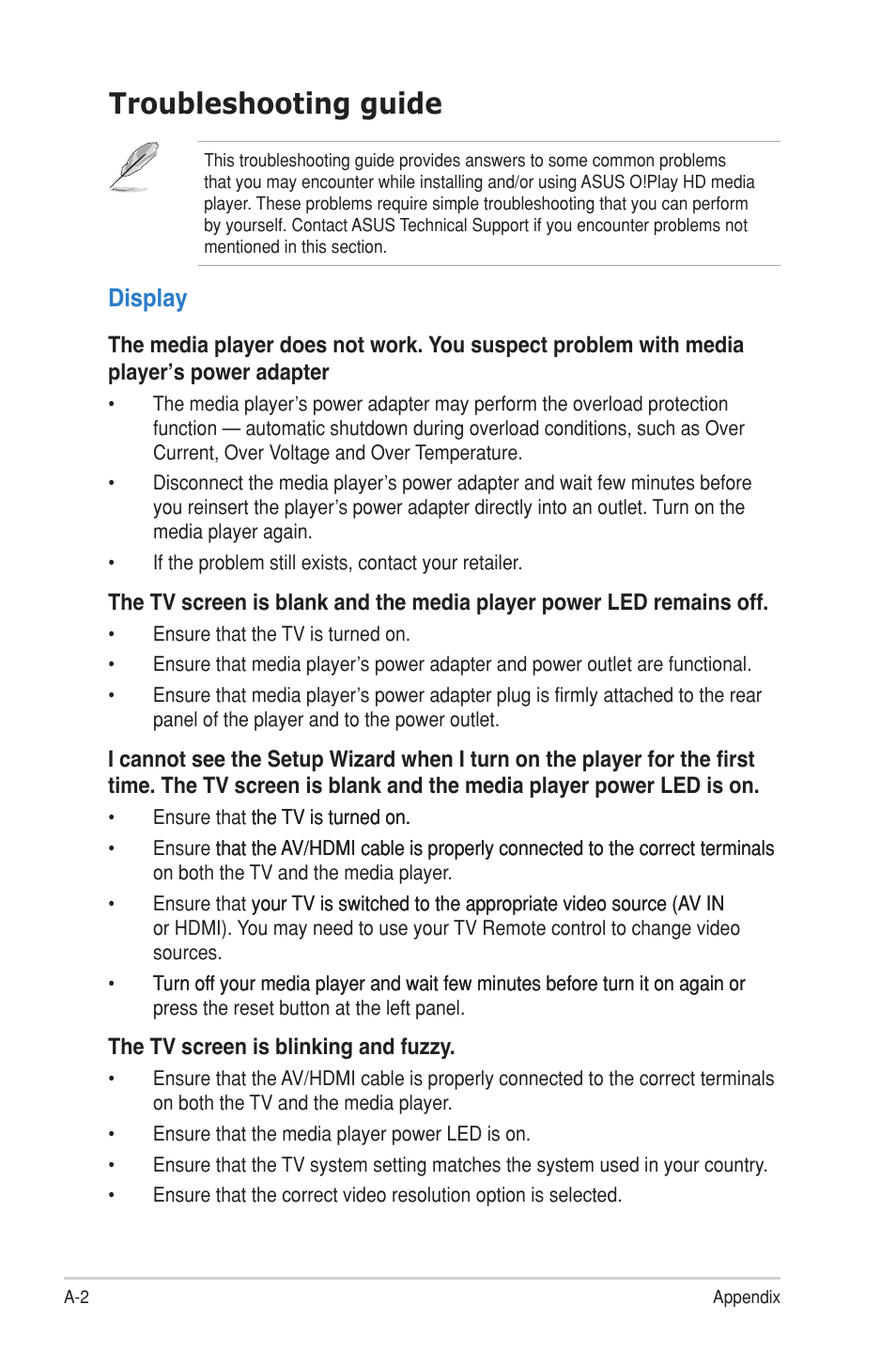 Troubleshooting guide, Display | Asus O!Play HDP-R1 User Manual | Page 34 / 38