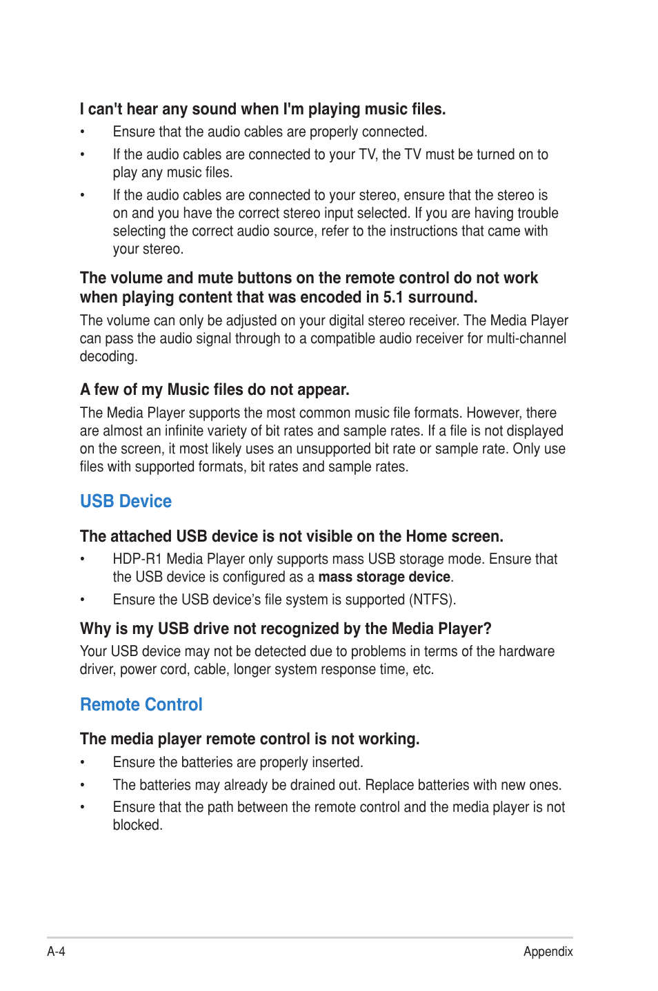 Usb device, Remote control | Asus O!Play HDP-R1 User Manual | Page 36 / 38