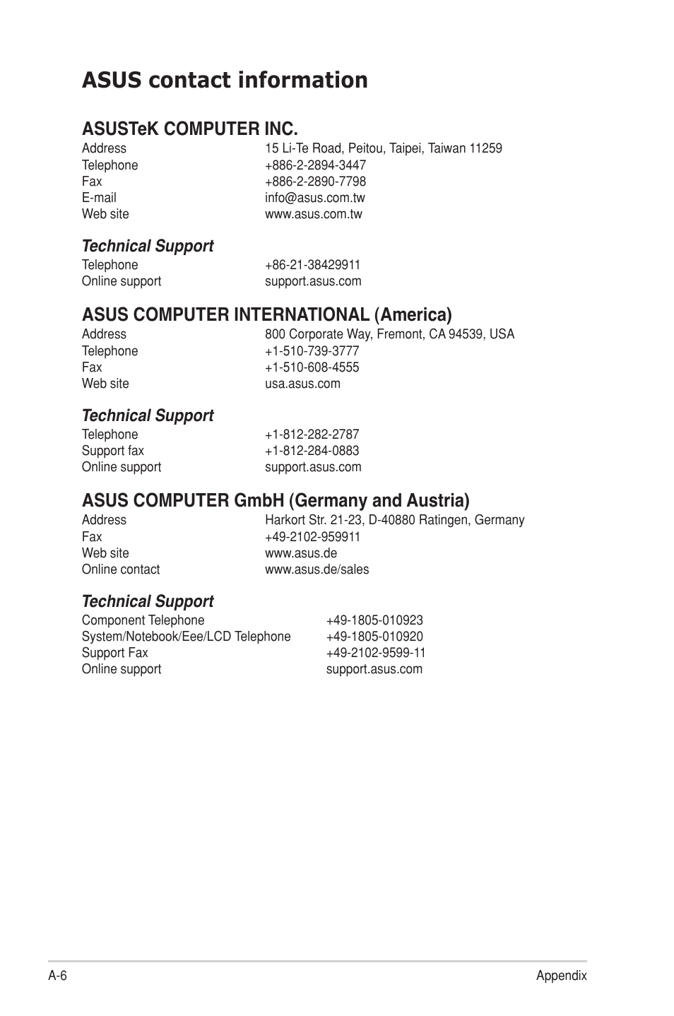 Asus contact information, Asustek computer inc, Asus computer international (america) | Asus computer gmbh (germany and austria), Technical support | Asus O!Play HDP-R1 User Manual | Page 38 / 38