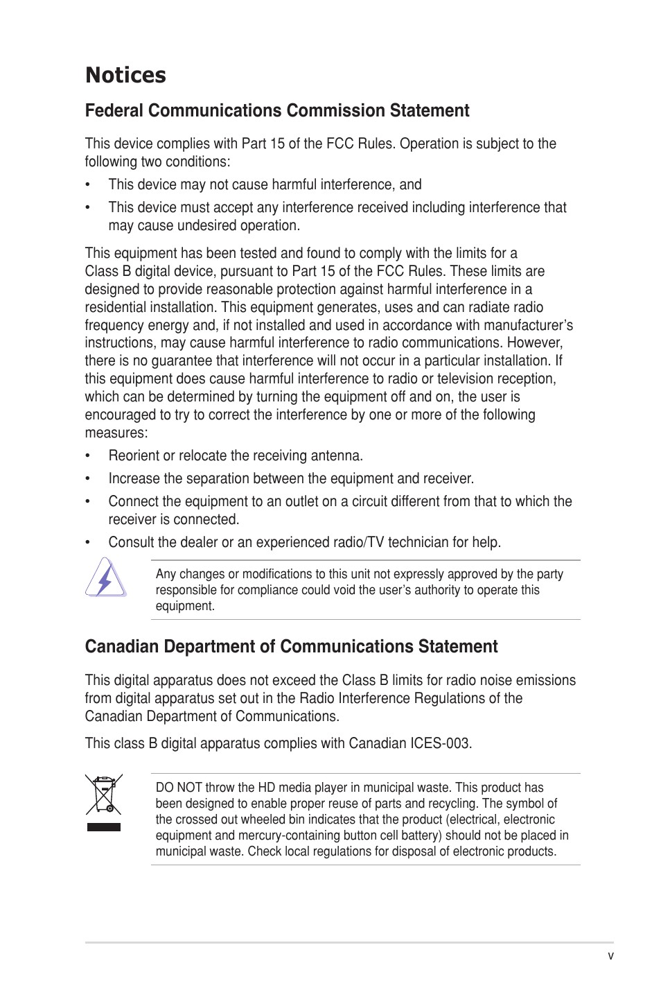 Notices, Federal communications commission statement, Canadian department of communications statement | Asus O!Play HDP-R1 User Manual | Page 5 / 38