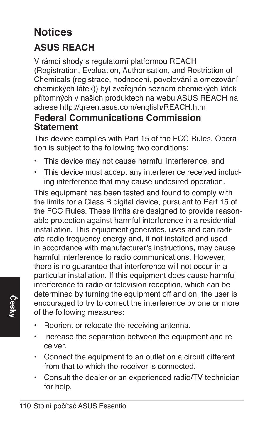 Notices, Asus reach, Federal communications commission statement | Asus CG5290 User Manual | Page 110 / 262