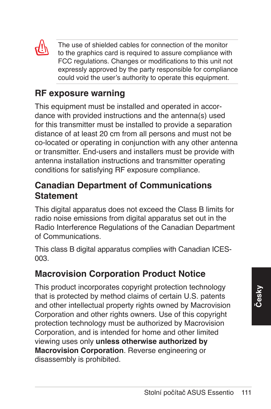 Canadian department of communications statement, Macrovision corporation product notice, Rf exposure warning | Asus CG5290 User Manual | Page 111 / 262