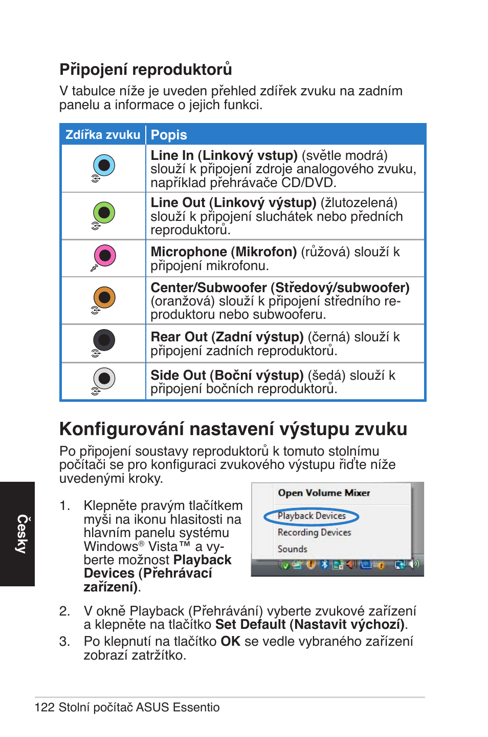 Konfigurování nastavení výstupu zvuku, Připojení reproduktorů | Asus CG5290 User Manual | Page 122 / 262