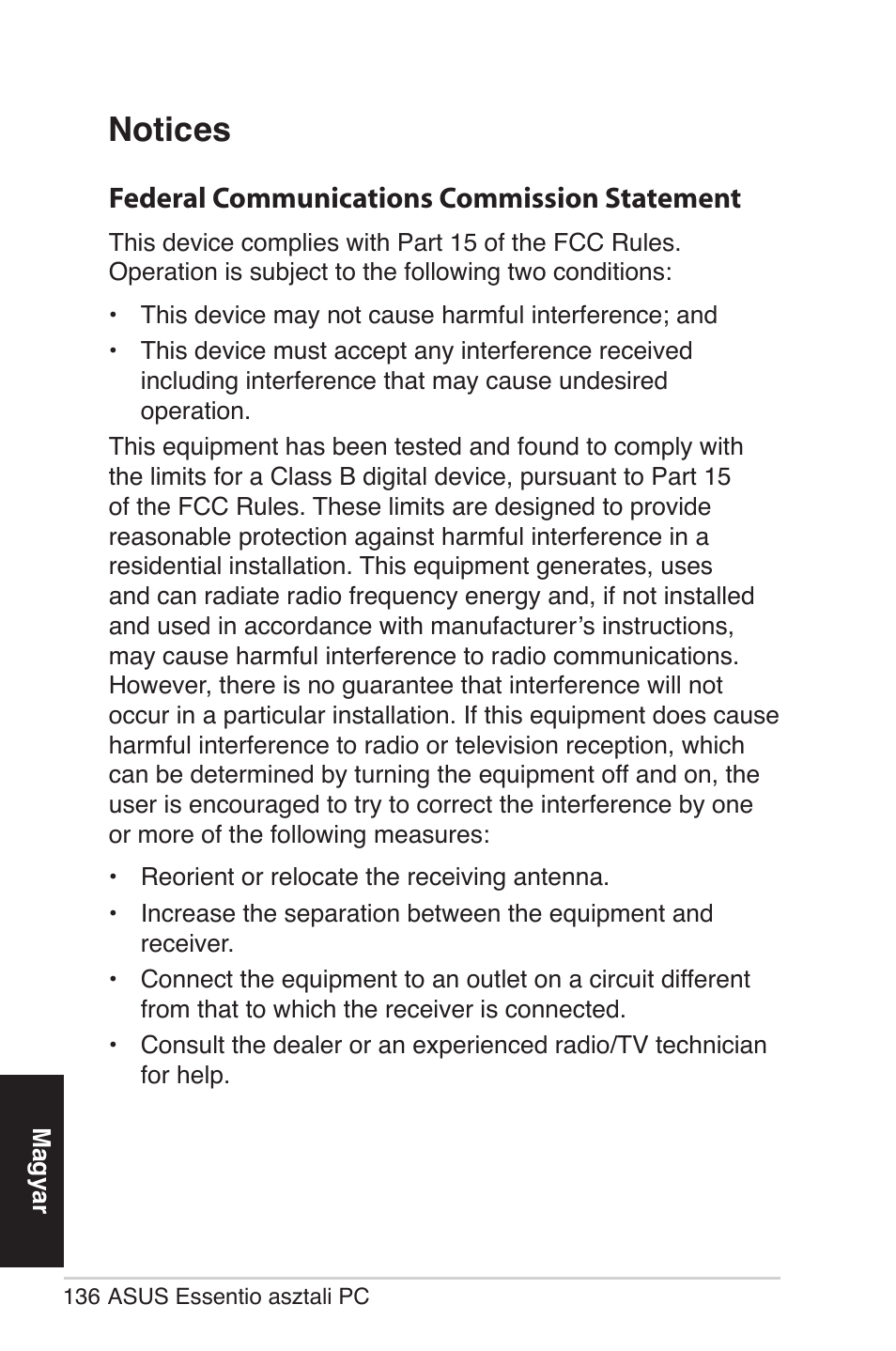 Notices, Federal communications commission statement | Asus CG5290 User Manual | Page 136 / 262