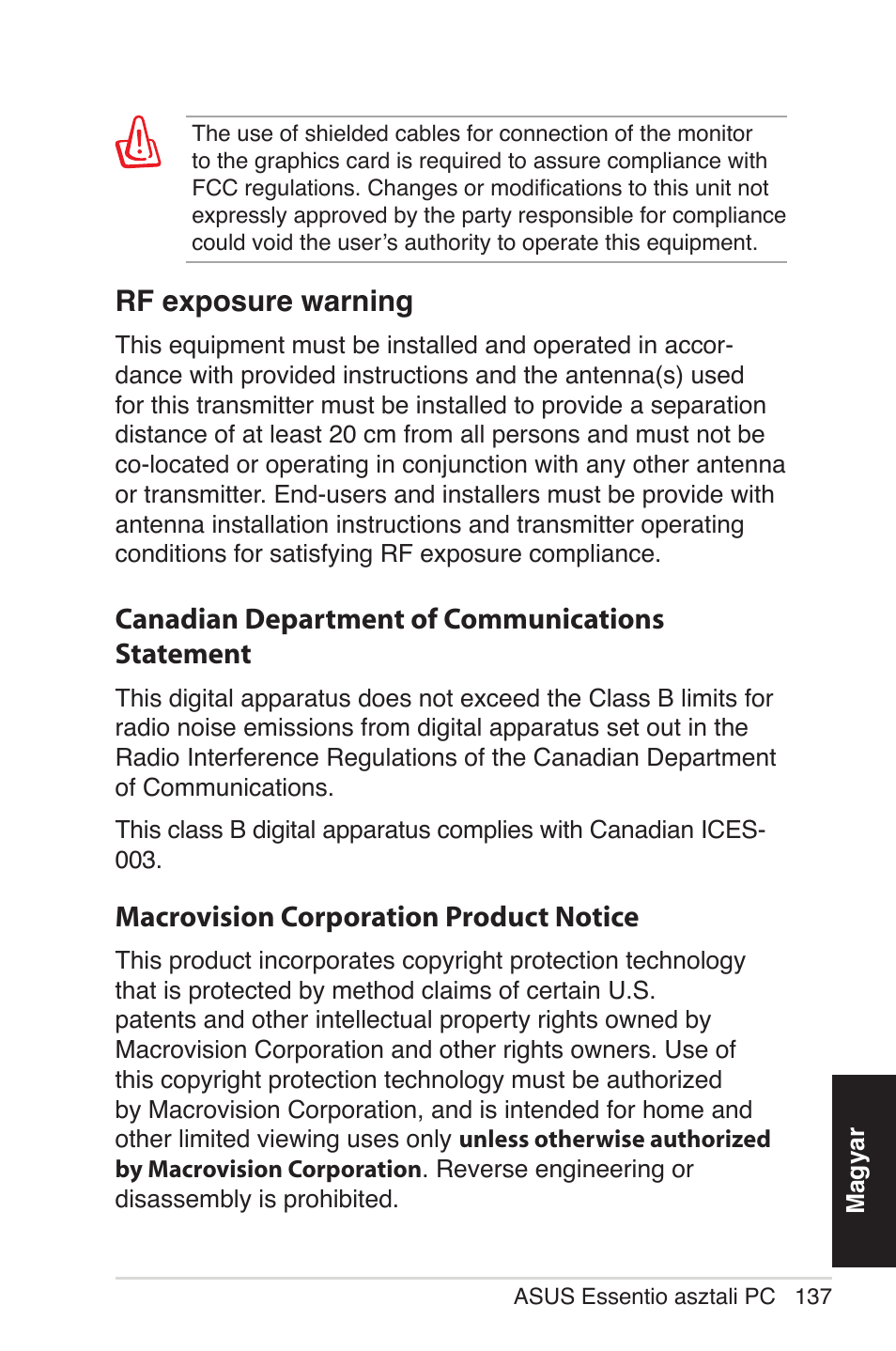 Canadian department of communications statement, Macrovision corporation product notice, Rf exposure warning | Asus CG5290 User Manual | Page 137 / 262