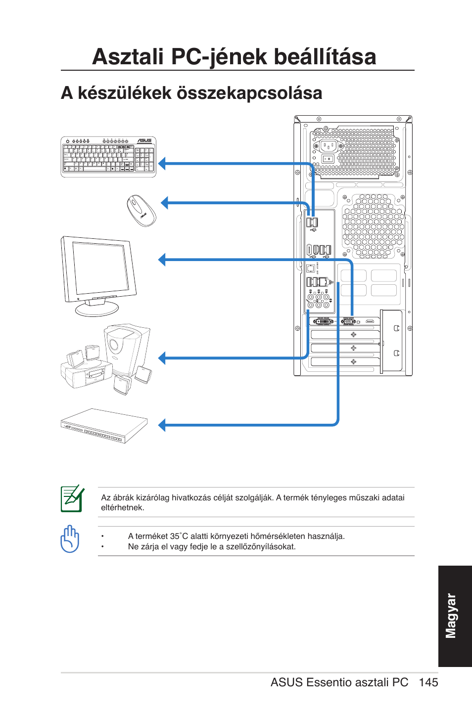 Asztali pc-jének beállítása, A készülékek összekapcsolása, Magyar | Asus essentio asztali pc 145 | Asus CG5290 User Manual | Page 145 / 262