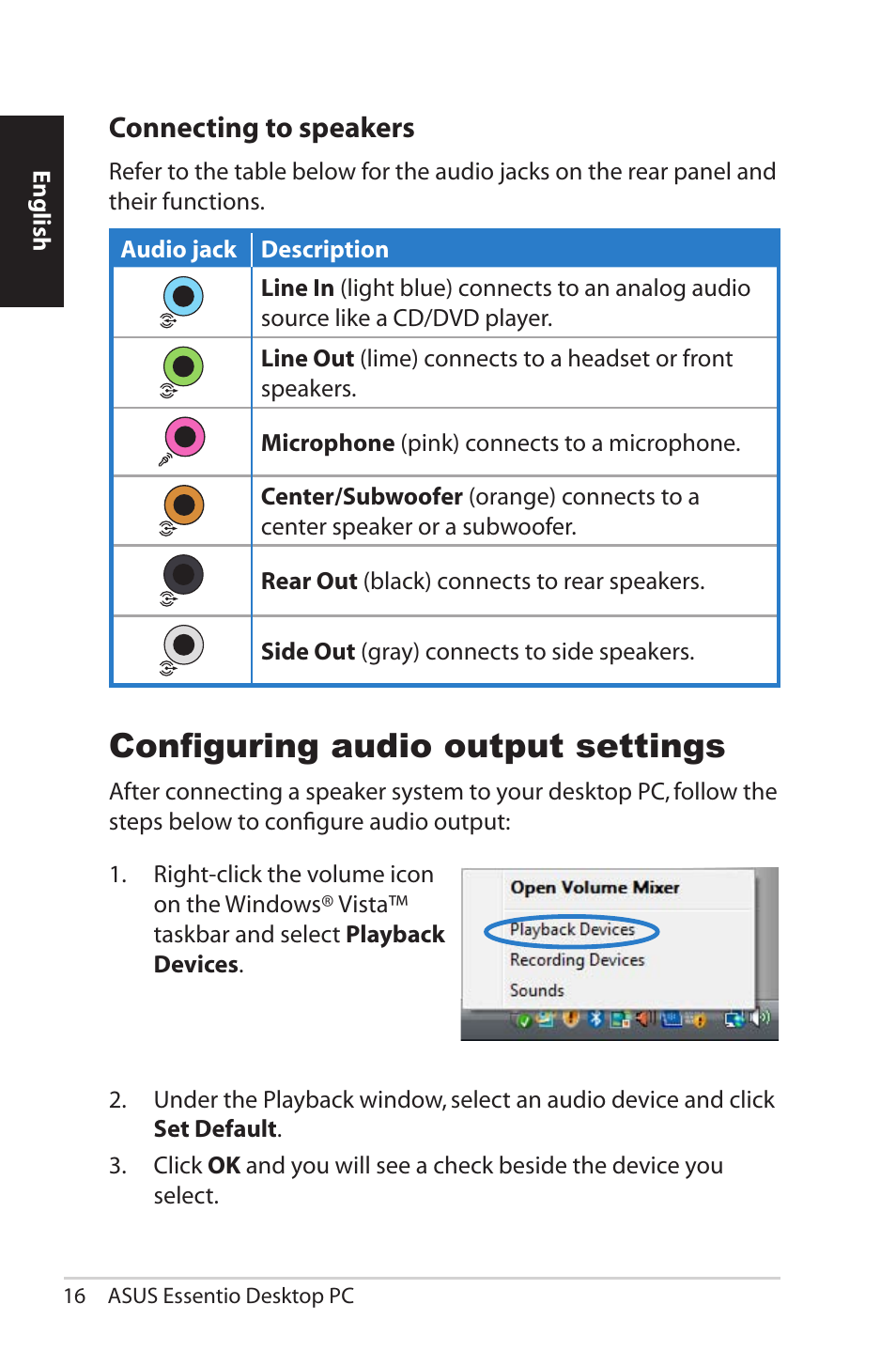 Connecting to speakers, Configuring audio output settings | Asus CG5290 User Manual | Page 16 / 262