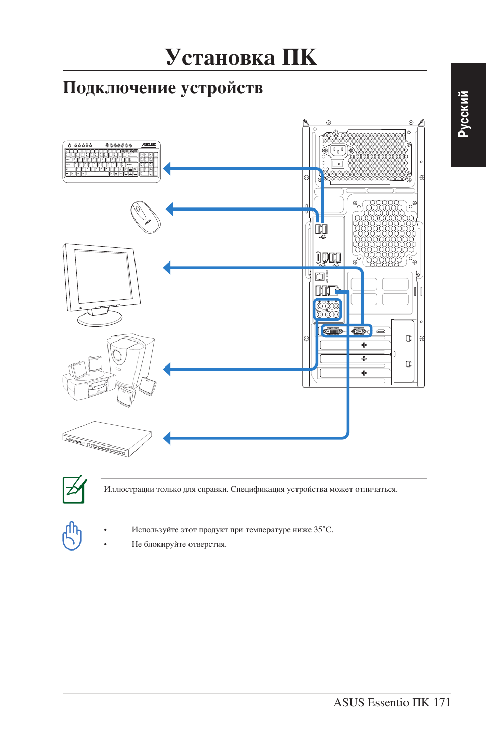 Установка пк, Подключение устройств, Ру сс ки й | Asus essentio пк 171 | Asus CG5290 User Manual | Page 171 / 262