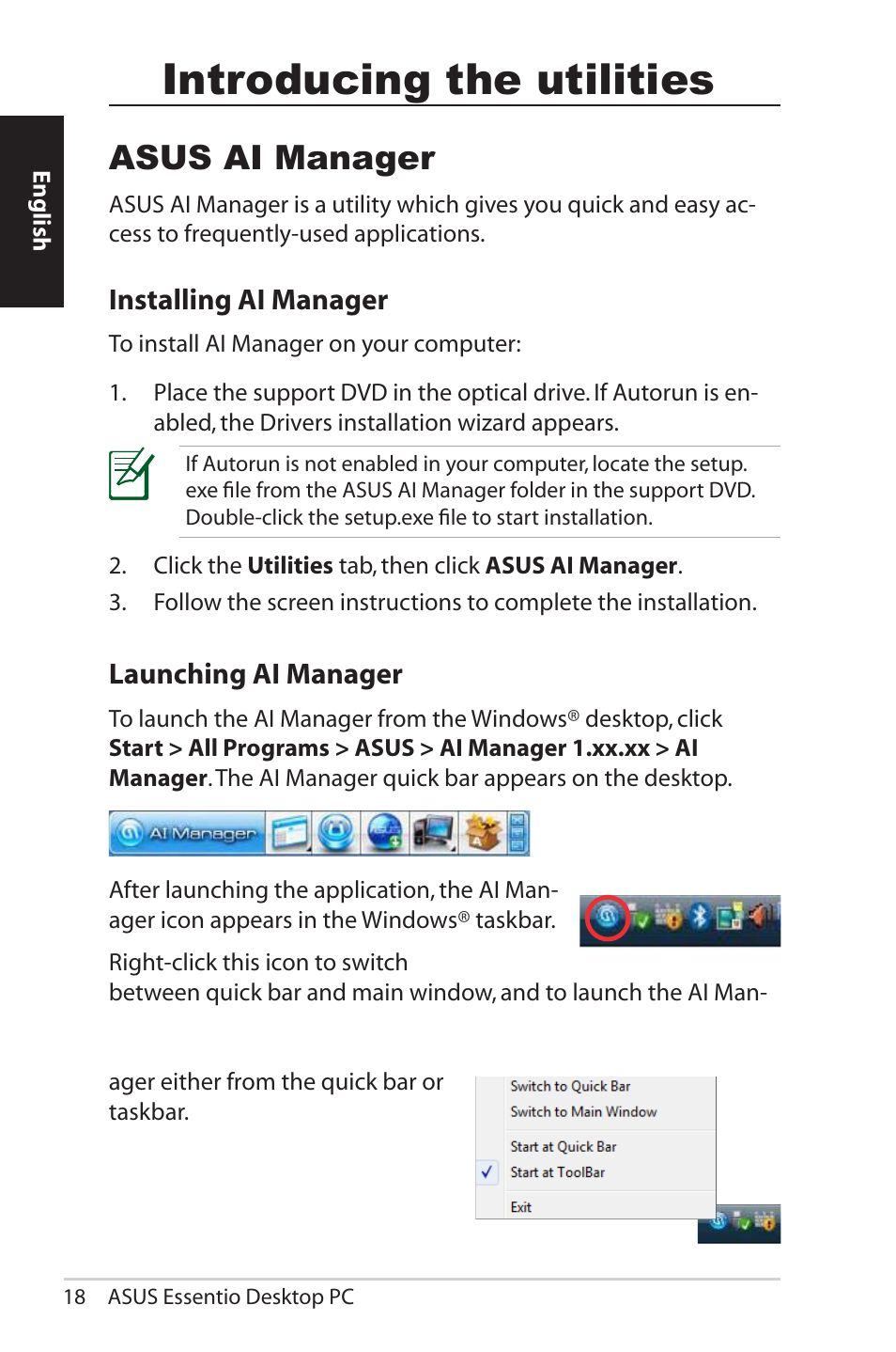 Introducing the utilities, Asus ai manager, Installing ai manager | Launching ai manager | Asus CG5290 User Manual | Page 18 / 262