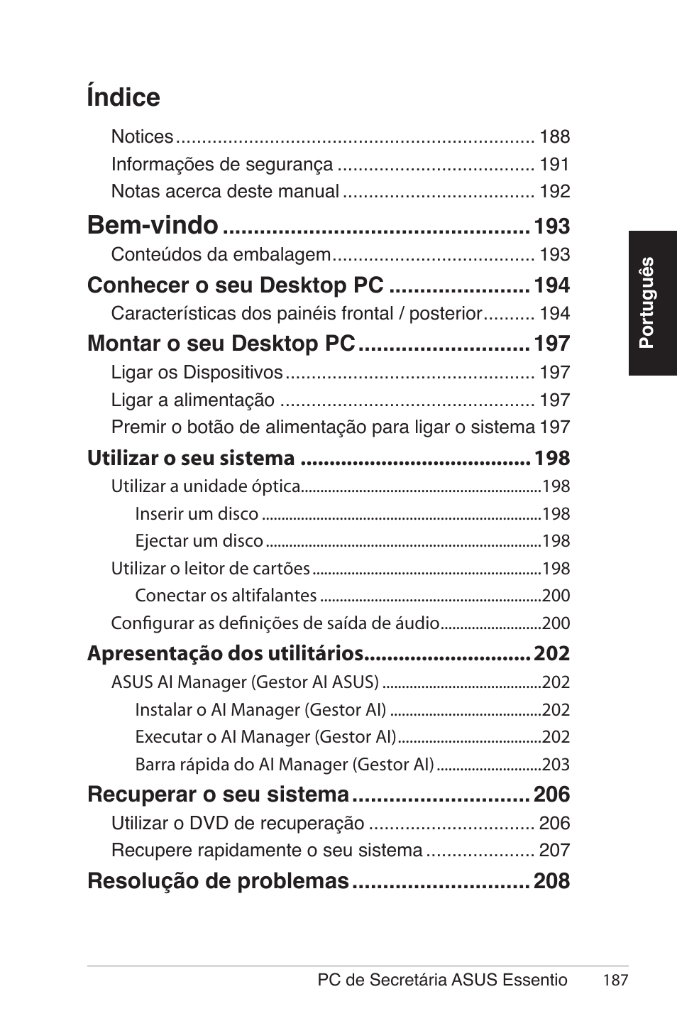 Índice, Bem-vindo | Asus CG5290 User Manual | Page 187 / 262