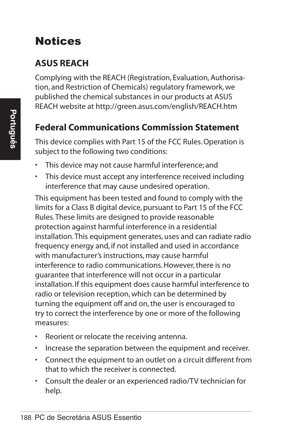 Notices, Asus reach, Federal communications commission statement | Asus CG5290 User Manual | Page 188 / 262