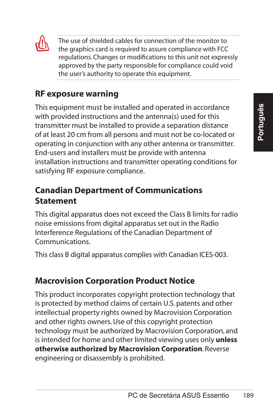 Canadian department of communications statement, Macrovision corporation product notice, Rf exposure warning | Asus CG5290 User Manual | Page 189 / 262